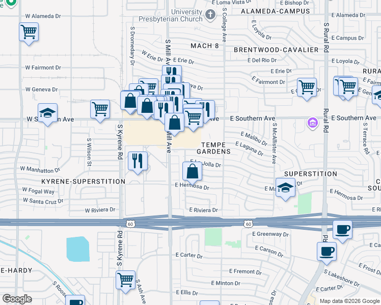 map of restaurants, bars, coffee shops, grocery stores, and more near 116 East La Jolla Drive in Tempe