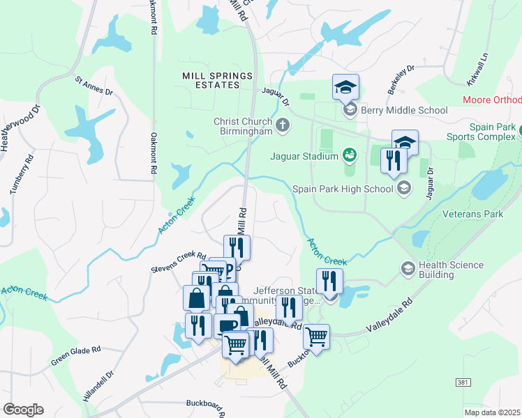 map of restaurants, bars, coffee shops, grocery stores, and more near 2804 Altadena South Way in Birmingham