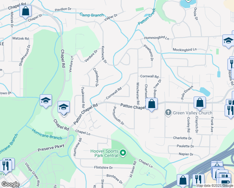 map of restaurants, bars, coffee shops, grocery stores, and more near 1739 Cornwall Road in Birmingham