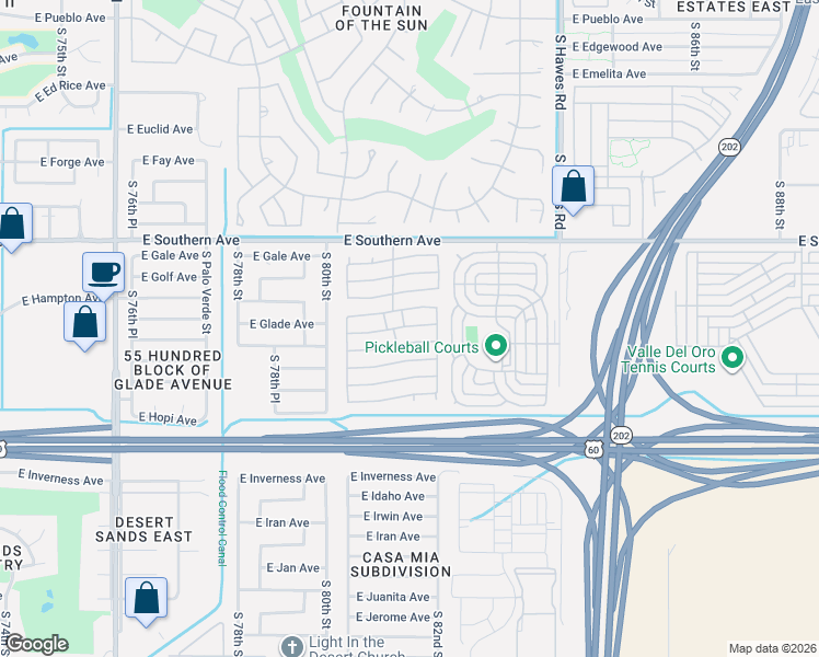 map of restaurants, bars, coffee shops, grocery stores, and more near 8103 East Southern Avenue in Mesa