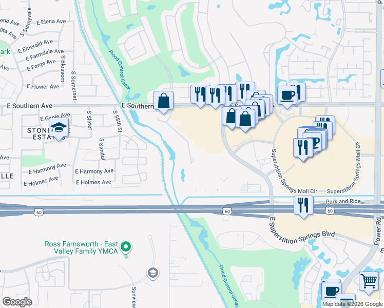 map of restaurants, bars, coffee shops, grocery stores, and more near 6001 East Southern Avenue in Mesa