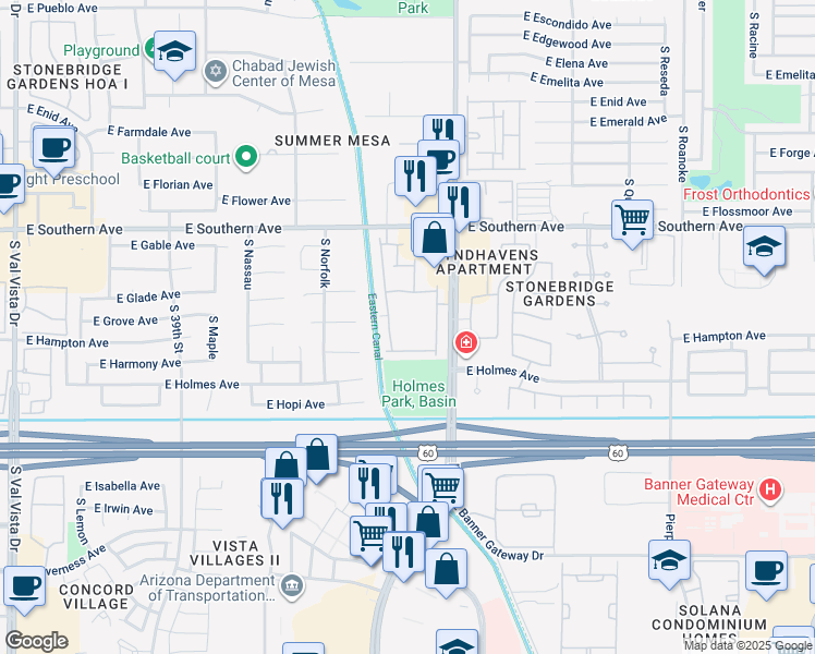 map of restaurants, bars, coffee shops, grocery stores, and more near 1350 South Greenfield Road in Mesa