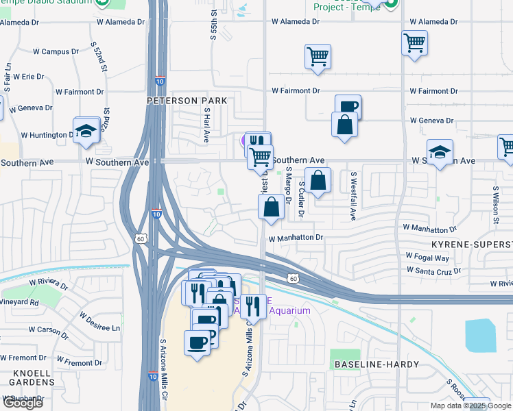 map of restaurants, bars, coffee shops, grocery stores, and more near 1404 West La Jolla Drive in Tempe