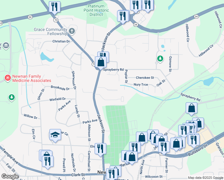 map of restaurants, bars, coffee shops, grocery stores, and more near 2 Newnan Estates Drive in Newnan