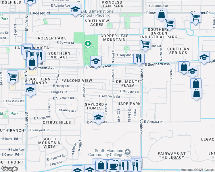 map of restaurants, bars, coffee shops, grocery stores, and more near 2107 East Burgess Lane in Phoenix