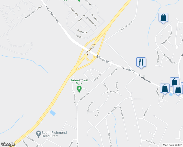 map of restaurants, bars, coffee shops, grocery stores, and more near 202 Williamsburg Road in Hephzibah