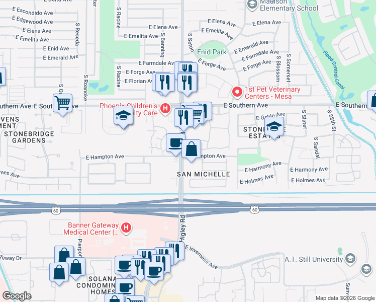 map of restaurants, bars, coffee shops, grocery stores, and more near 1423 South Higley Road in Mesa