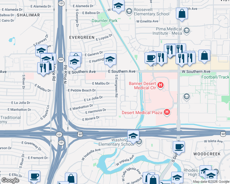 map of restaurants, bars, coffee shops, grocery stores, and more near 2543 East La Jolla Drive in Tempe