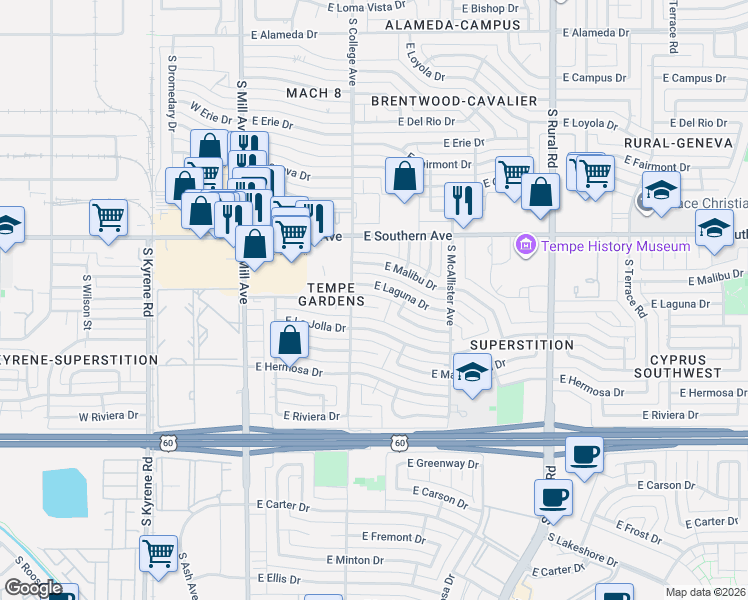 map of restaurants, bars, coffee shops, grocery stores, and more near in Tempe