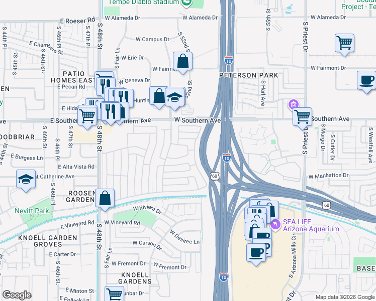 map of restaurants, bars, coffee shops, grocery stores, and more near S Coronado in Tempe