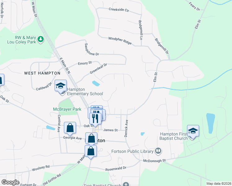 map of restaurants, bars, coffee shops, grocery stores, and more near 2034 Elm Grove Lane in Hampton