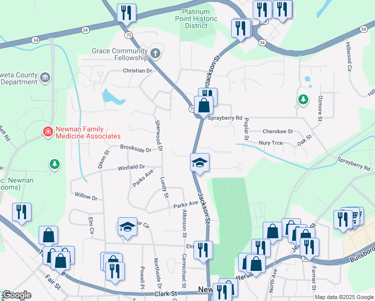 map of restaurants, bars, coffee shops, grocery stores, and more near 200 Jackson Street in Newnan
