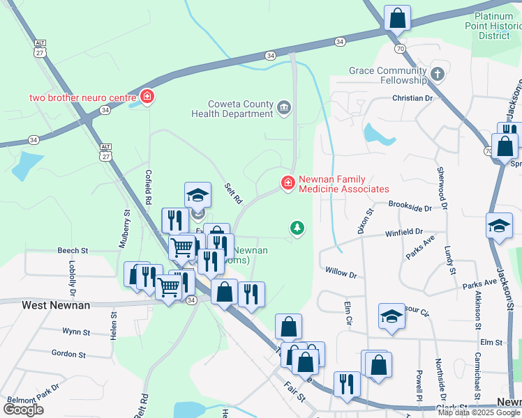 map of restaurants, bars, coffee shops, grocery stores, and more near 39 Hospital Road in Newnan