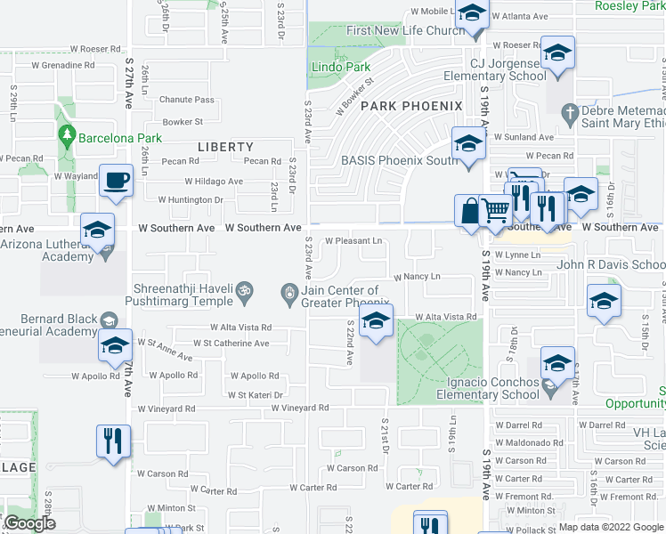 map of restaurants, bars, coffee shops, grocery stores, and more near 6032 South 22nd Drive in Phoenix