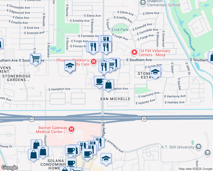 map of restaurants, bars, coffee shops, grocery stores, and more near 5227 East Hampton Avenue in Mesa