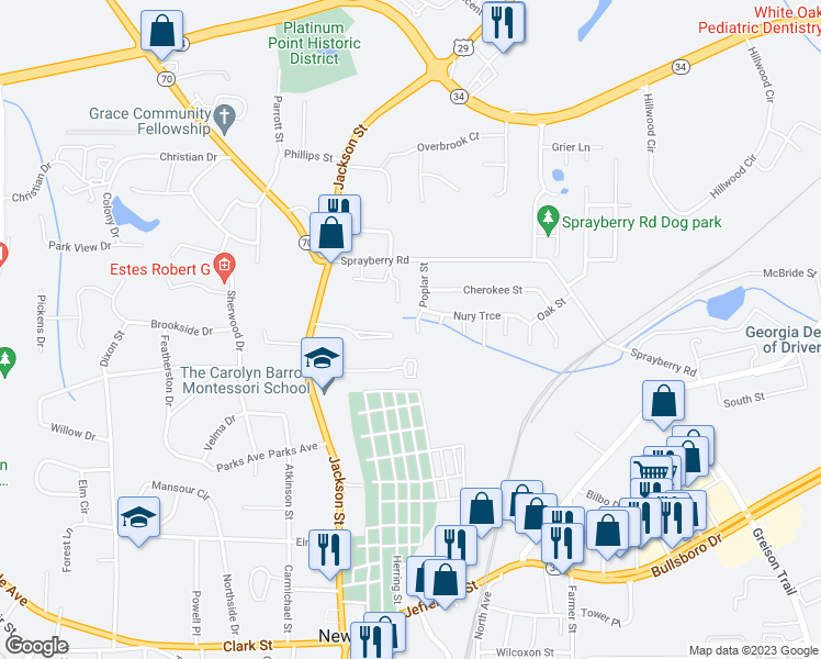 map of restaurants, bars, coffee shops, grocery stores, and more near 45 Poplar Street in Newnan