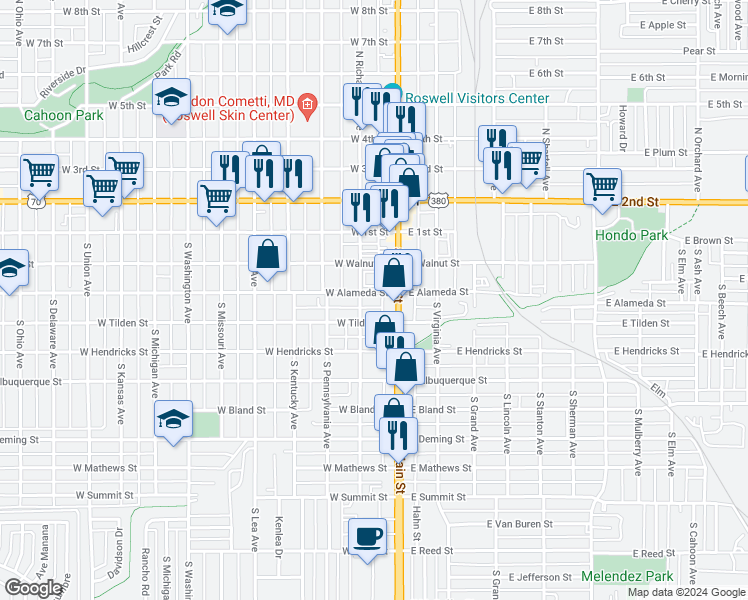 map of restaurants, bars, coffee shops, grocery stores, and more near 110 West Alameda Street in Roswell
