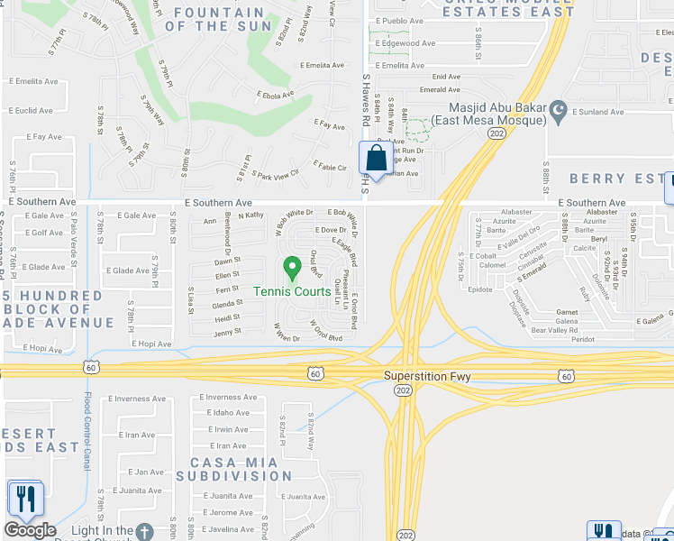 map of restaurants, bars, coffee shops, grocery stores, and more near South Silveridge Rv Resort in Mesa