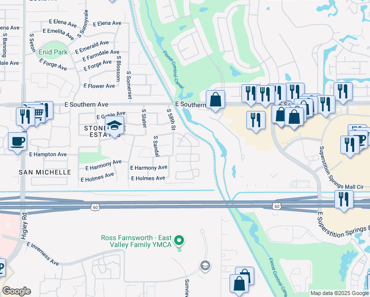 map of restaurants, bars, coffee shops, grocery stores, and more near 5841 East Hoover Avenue in Mesa