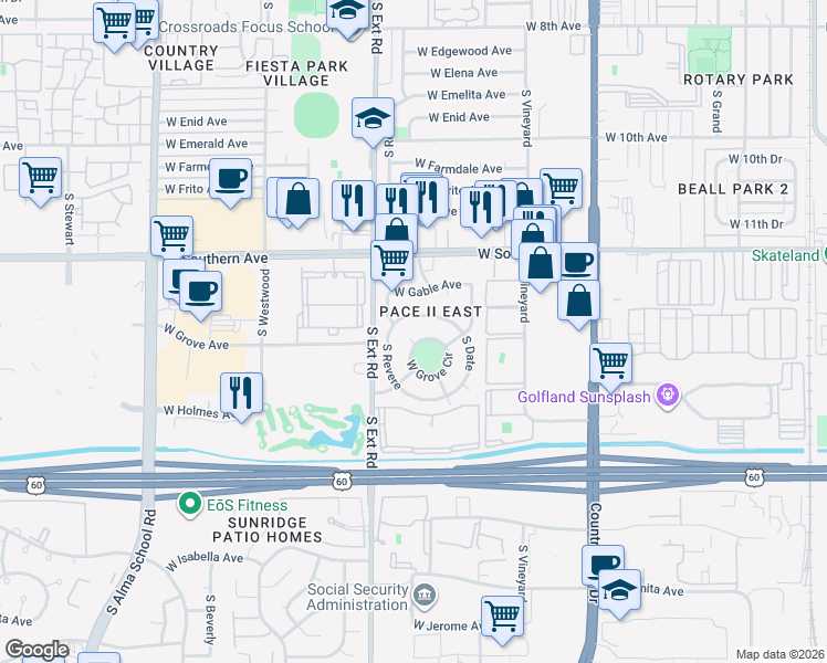 map of restaurants, bars, coffee shops, grocery stores, and more near 722 West Grove Circle in Mesa