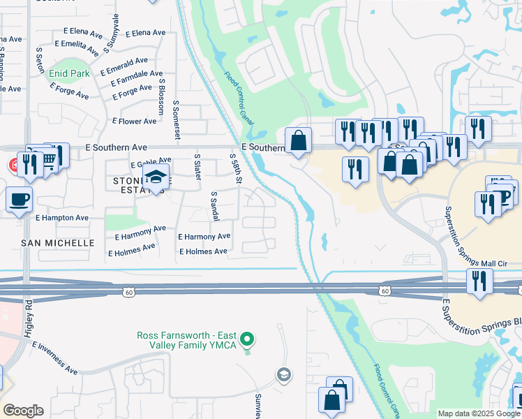 map of restaurants, bars, coffee shops, grocery stores, and more near 5843 East Grove Avenue in Mesa