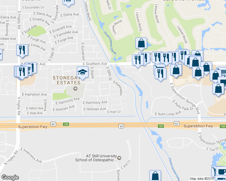 map of restaurants, bars, coffee shops, grocery stores, and more near 5811 E Grove Ave in Mesa