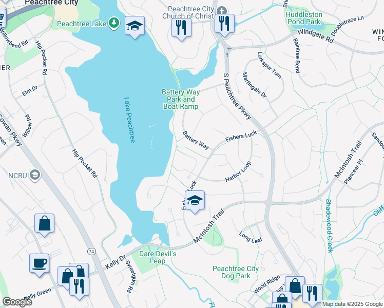 map of restaurants, bars, coffee shops, grocery stores, and more near 214 Driftwood Lane in Peachtree City