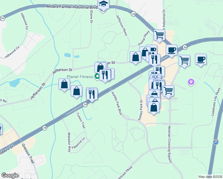 map of restaurants, bars, coffee shops, grocery stores, and more near Ashley Park Boulevard in Newnan