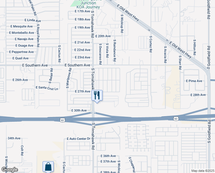 map of restaurants, bars, coffee shops, grocery stores, and more near Cochise Lane in Apache Junction