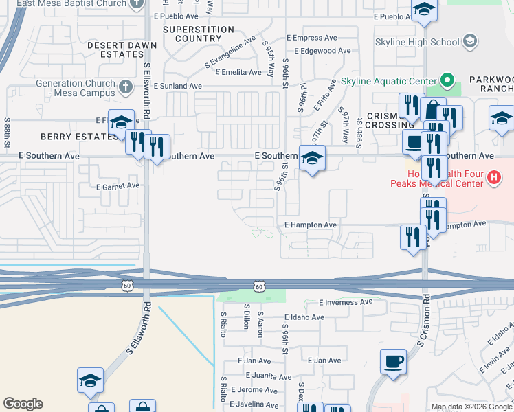 map of restaurants, bars, coffee shops, grocery stores, and more near 1265 South Aaron in Mesa