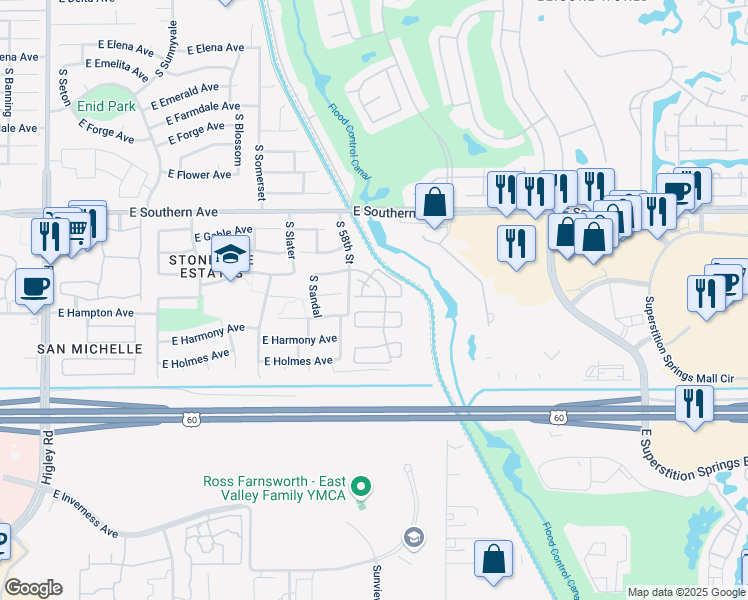 map of restaurants, bars, coffee shops, grocery stores, and more near 5841 East Hoover Avenue in Mesa