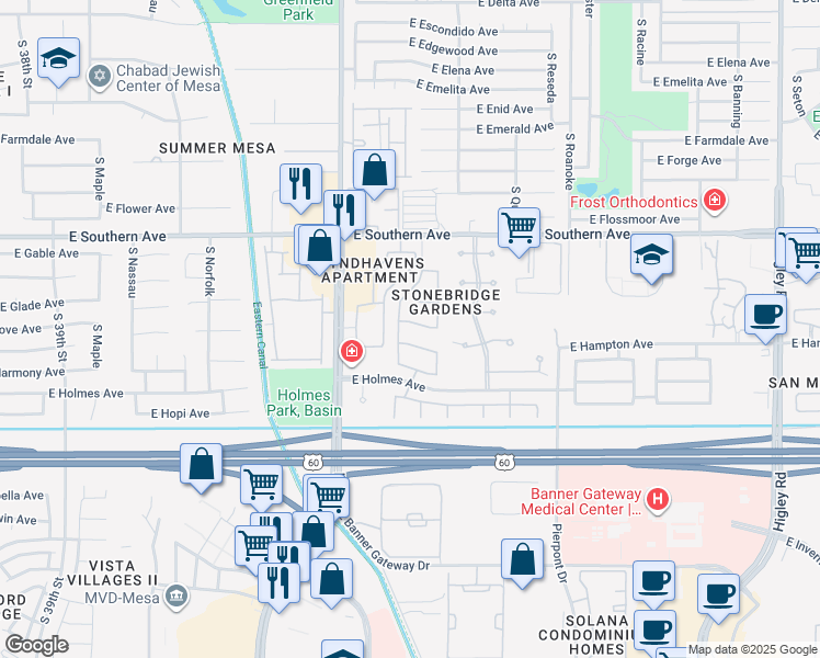 map of restaurants, bars, coffee shops, grocery stores, and more near 4531 East Hampton Avenue in Mesa