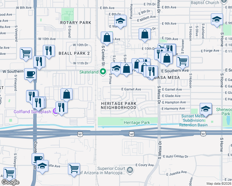 map of restaurants, bars, coffee shops, grocery stores, and more near 108 East Grove Avenue in Mesa