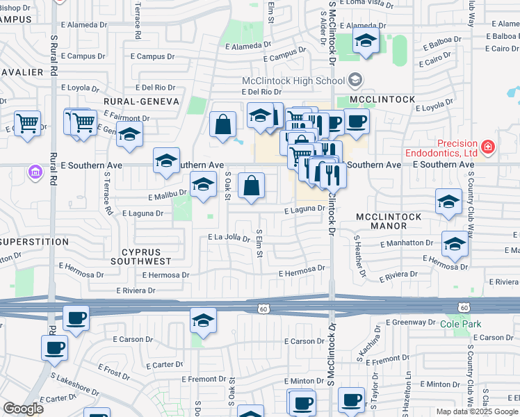 map of restaurants, bars, coffee shops, grocery stores, and more near 3509 South Elm Street in Tempe