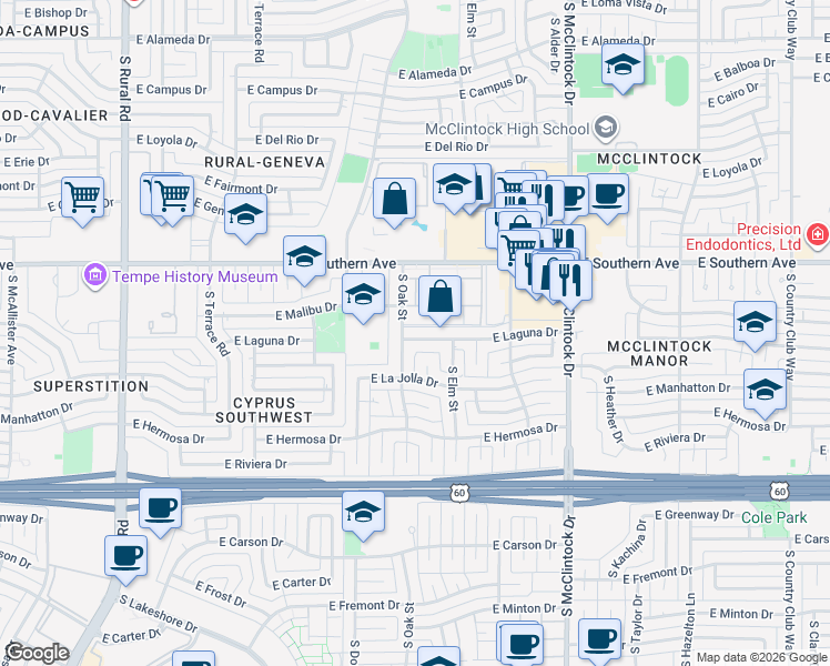 map of restaurants, bars, coffee shops, grocery stores, and more near 3520 South Poplar Street in Tempe