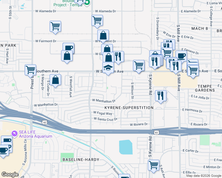 map of restaurants, bars, coffee shops, grocery stores, and more near in Tempe