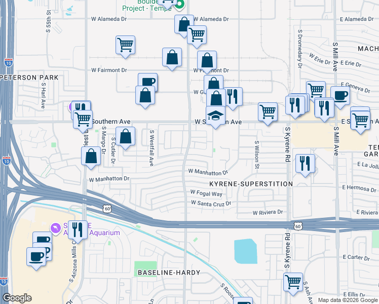 map of restaurants, bars, coffee shops, grocery stores, and more near 1003 West La Jolla Drive in Tempe