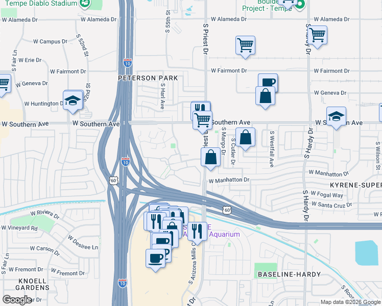 map of restaurants, bars, coffee shops, grocery stores, and more near 1404 West La Jolla Drive in Tempe