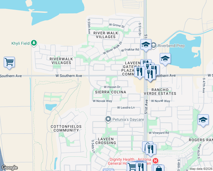map of restaurants, bars, coffee shops, grocery stores, and more near 5407 West Hasan Drive in Phoenix