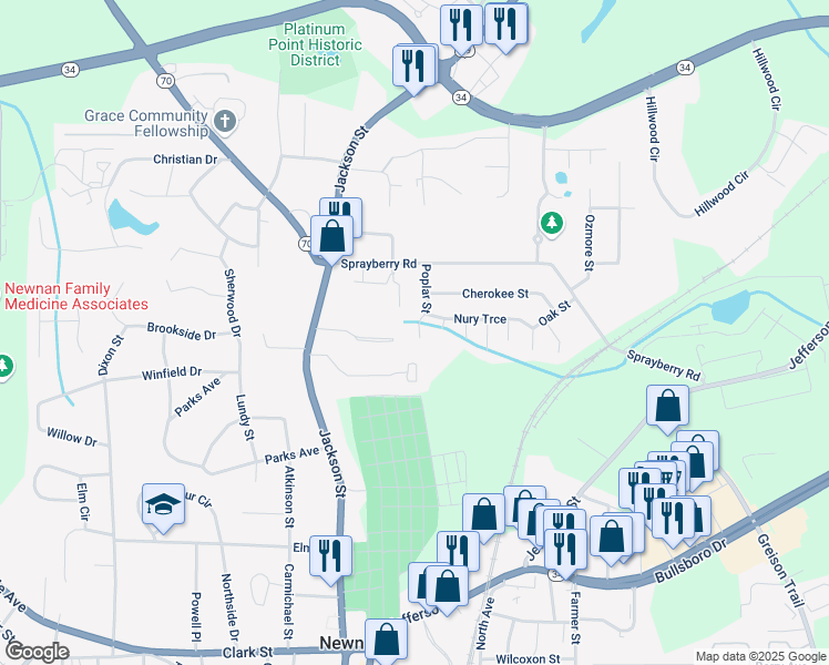 map of restaurants, bars, coffee shops, grocery stores, and more near 45 Poplar Street in Newnan