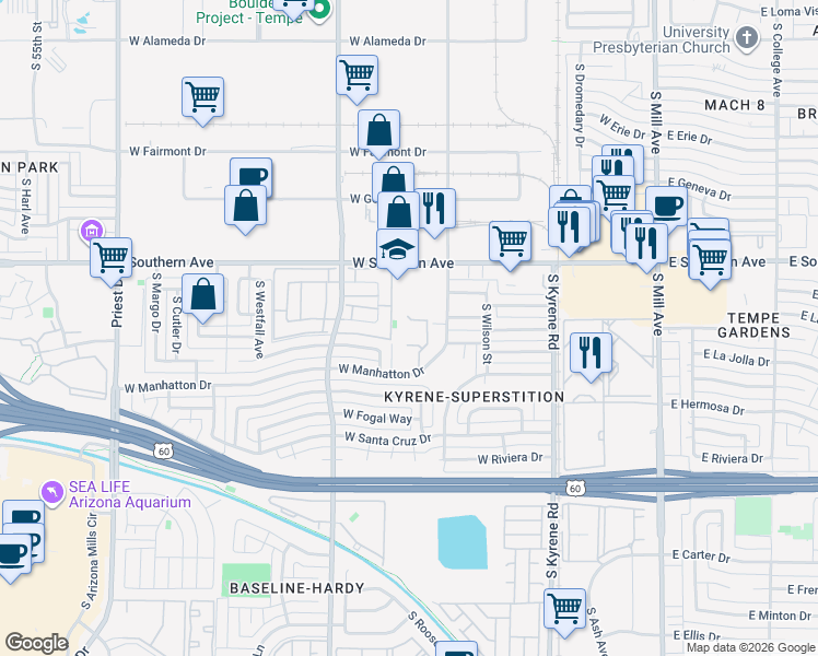 map of restaurants, bars, coffee shops, grocery stores, and more near in Tempe