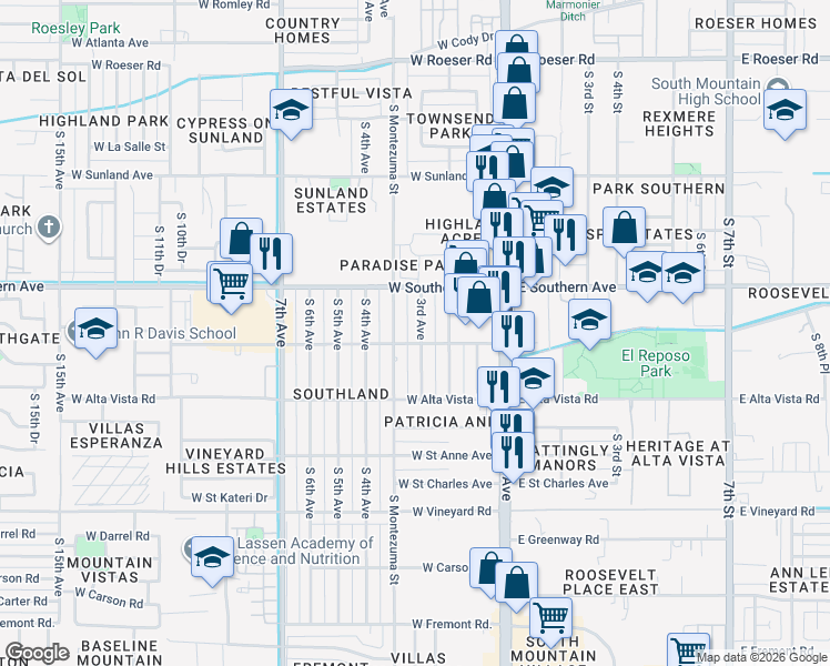 map of restaurants, bars, coffee shops, grocery stores, and more near 6040 South 3rd Avenue in Phoenix