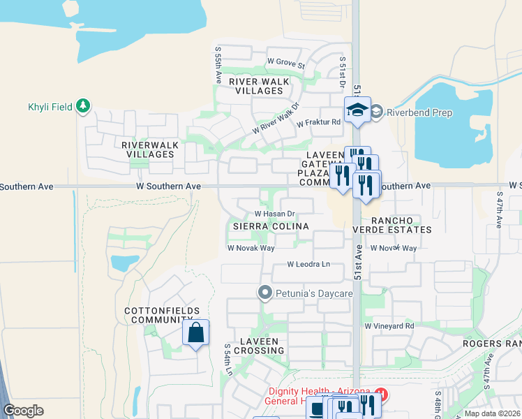 map of restaurants, bars, coffee shops, grocery stores, and more near 5407 West Hasan Drive in Phoenix