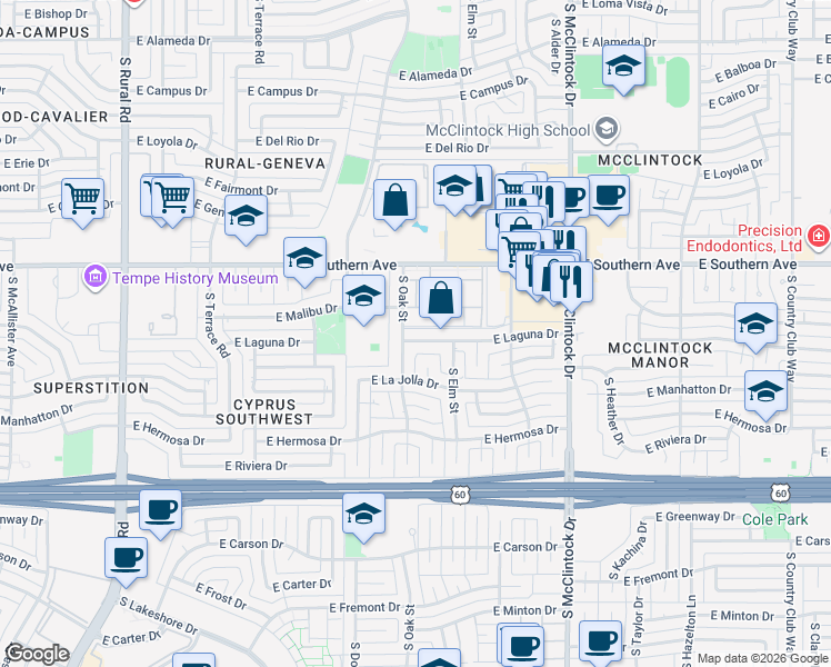 map of restaurants, bars, coffee shops, grocery stores, and more near 3520 South Poplar Street in Tempe