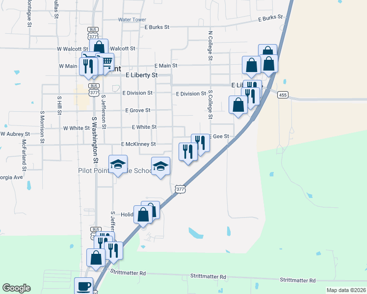 map of restaurants, bars, coffee shops, grocery stores, and more near 513 East Gee Street in Pilot Point