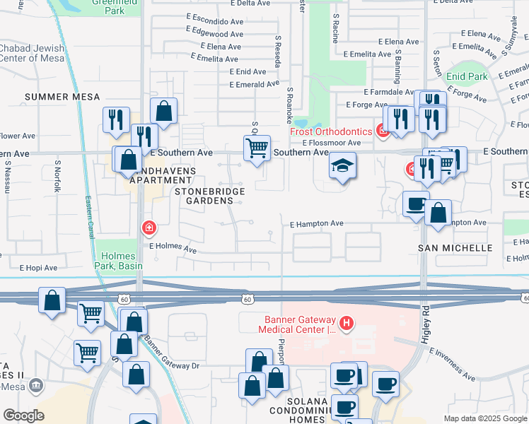 map of restaurants, bars, coffee shops, grocery stores, and more near 4658 East Glade Circle in Mesa