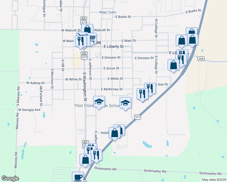 map of restaurants, bars, coffee shops, grocery stores, and more near 517 South Prairie Street in Pilot Point