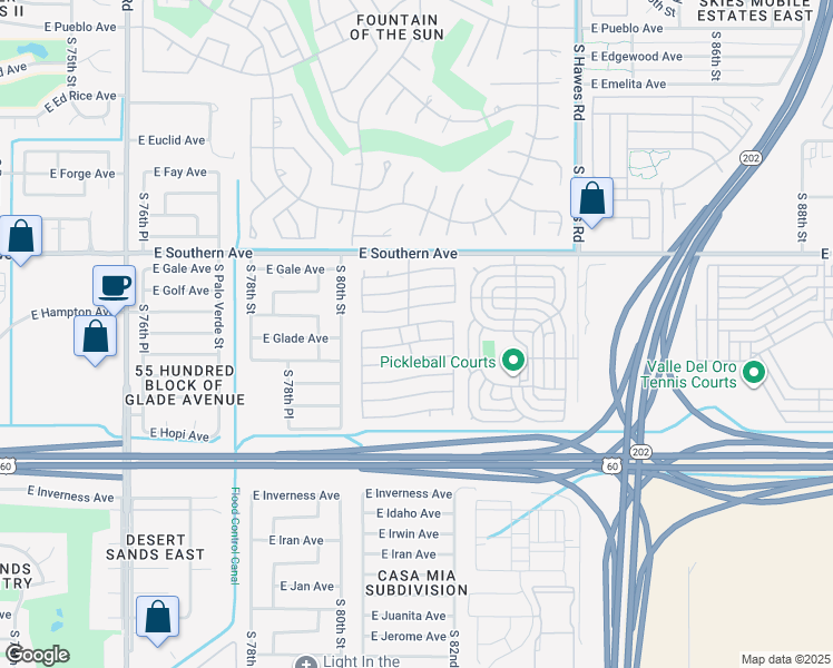 map of restaurants, bars, coffee shops, grocery stores, and more near 8103 East Southern Avenue in Mesa