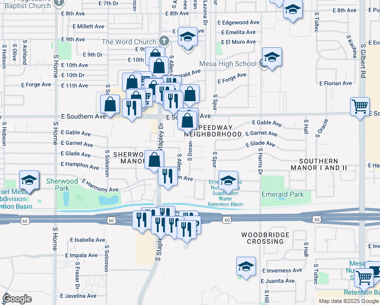map of restaurants, bars, coffee shops, grocery stores, and more near 1314 East Glade Circle in Mesa