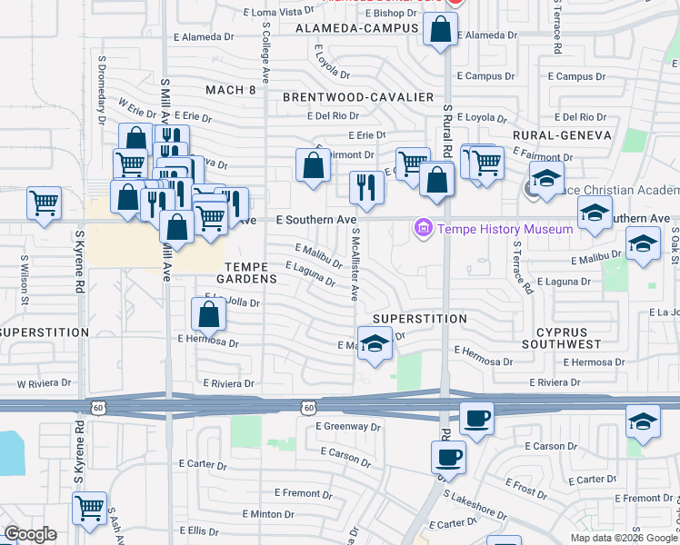 map of restaurants, bars, coffee shops, grocery stores, and more near 3339 South Ventura Drive in Tempe